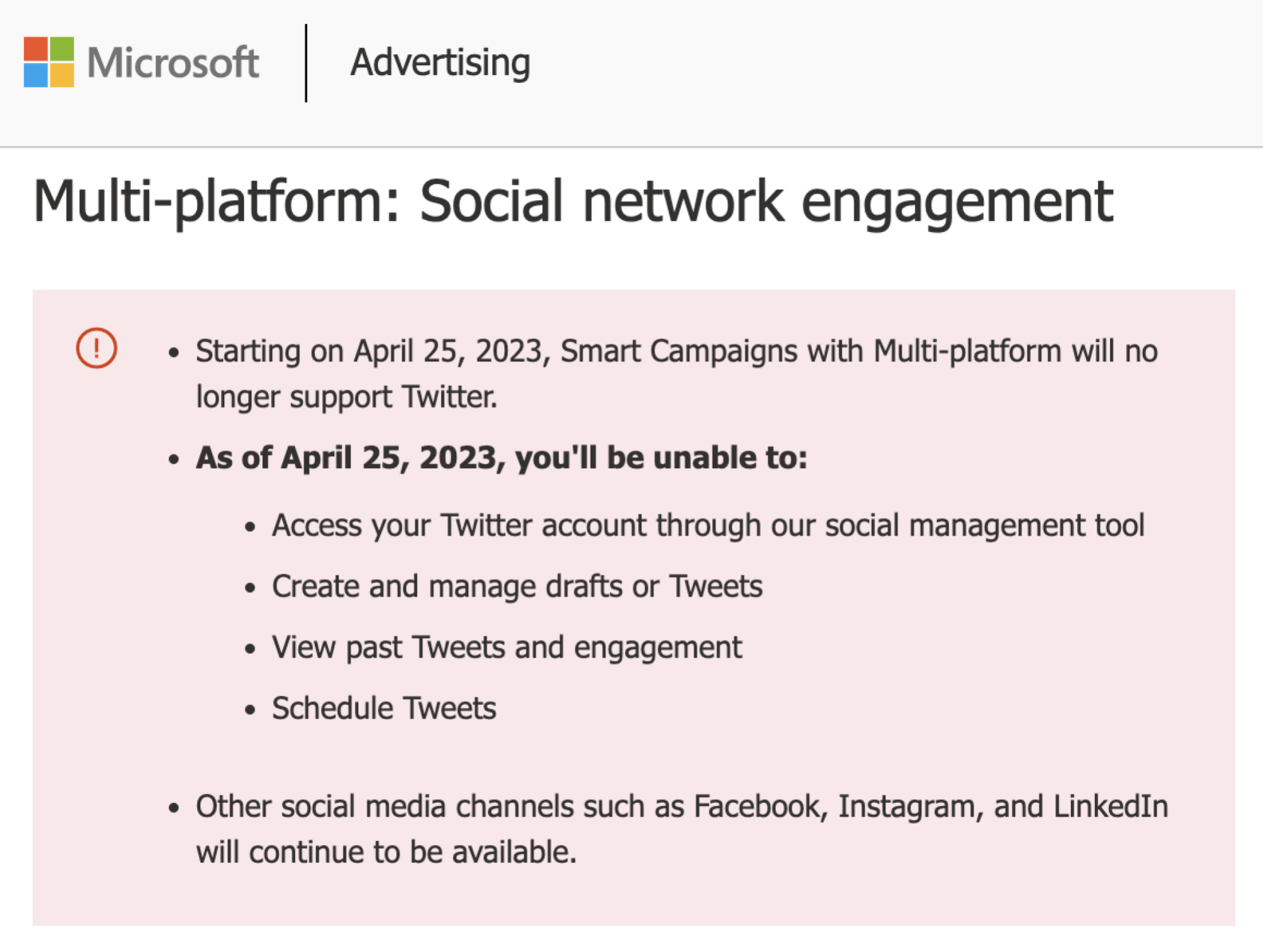 Microsoft Advertising Twitter notice