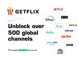 getflix logo against a white background with logos of different streaming services and television networks such as Netflix, Disney+, HBO, MSNBC, Hulu, etc.