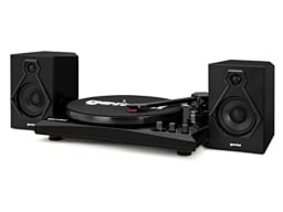 black turntable and two speakers photographed against a plain white background
