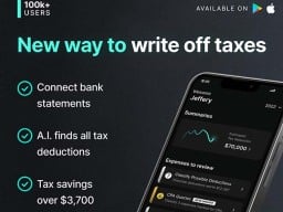 Information card that says "New way to write off taxes, connect bank statements, AI finds all tax deductions, and tax savings over $3,700" against a black background next to a photograph of an iphone 