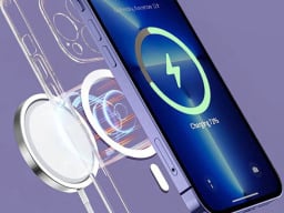 purple background with a clear protective case being attached to an iphone 14