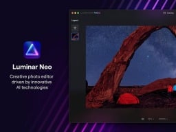 black background with a screenshot of the luminar editing software; text reads "luminar neo: creative photo editor driven by innovative AI technologies"