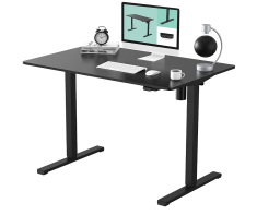 Black adjustable desk with accessories against white background