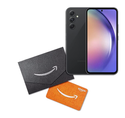 Black samsung galaxy phone against white background with a purple screen, amazon gift card in black and another in orange at bottom left