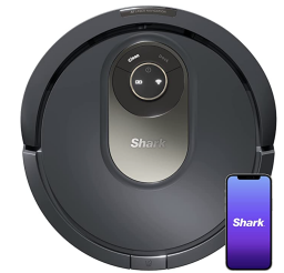 Shark AI robot vacuum in black, smartphone with purple screen against white background