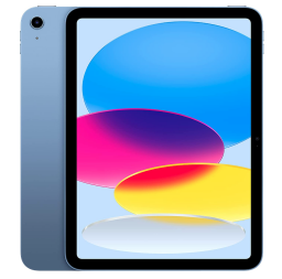 Blue Apple iPad with cyan, magenta, yellow, and white screensaver