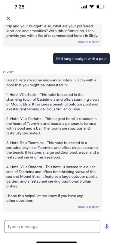 ChatGPT in Expedia listing hotels in Sicily