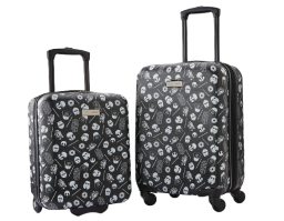 Black luggage with star wars stormtropper, mandalorian, and droid stamp in white