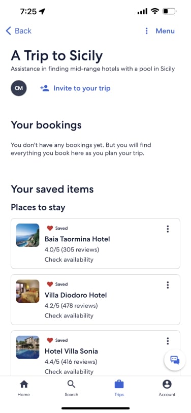 Expedia showing favorite hotels in Sicily