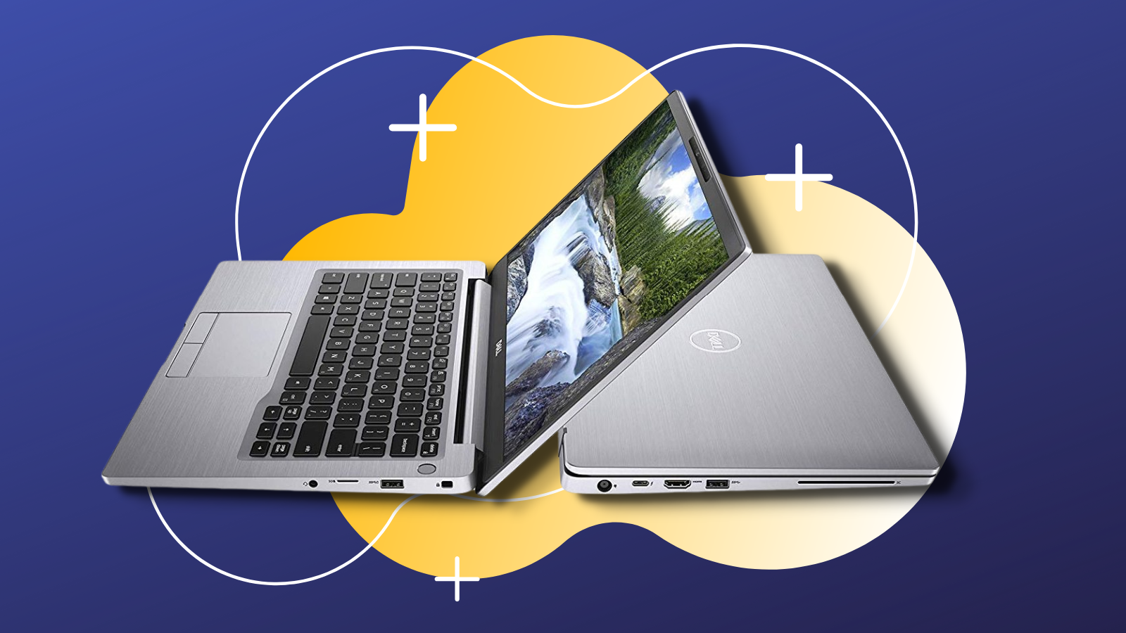 dell latitude 7400 laptop with yellow and navy blue background