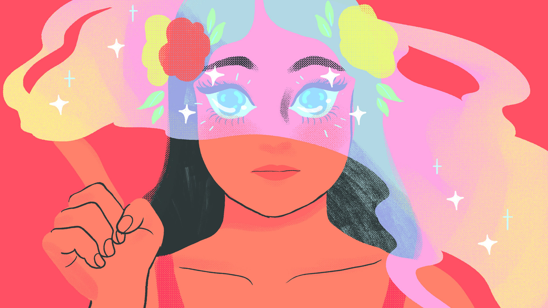 Illustration of a woman with a beauty filter on.