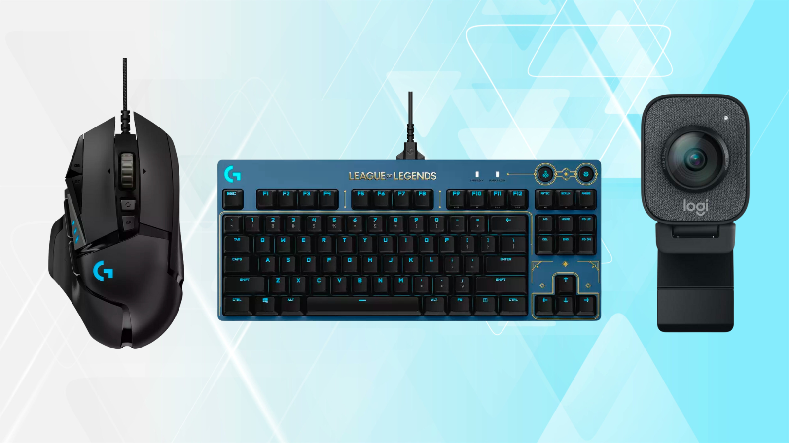 Logitech keyboard, mouse, and webcam on blue background