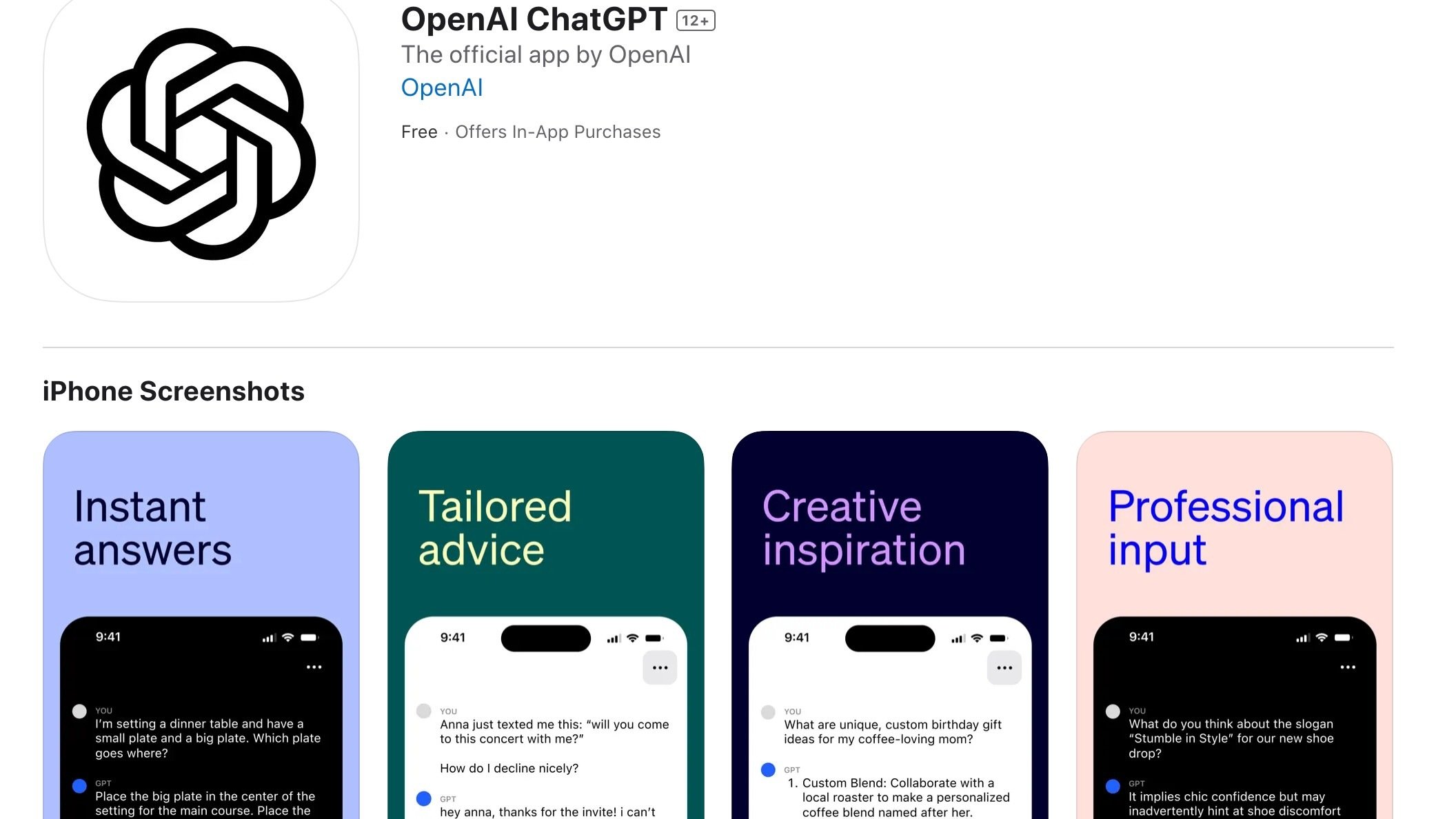 screenshot of ChatGPT in app store