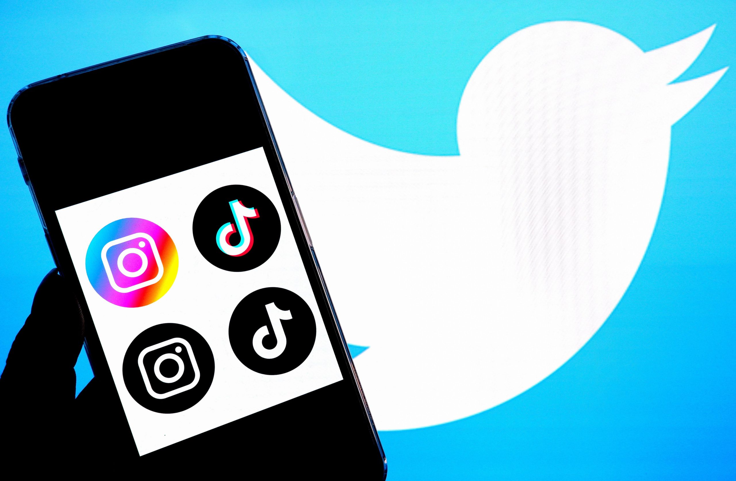 Tiktok and Instagram logos seen displayed on a smartphone with a Twitter logo in the background.