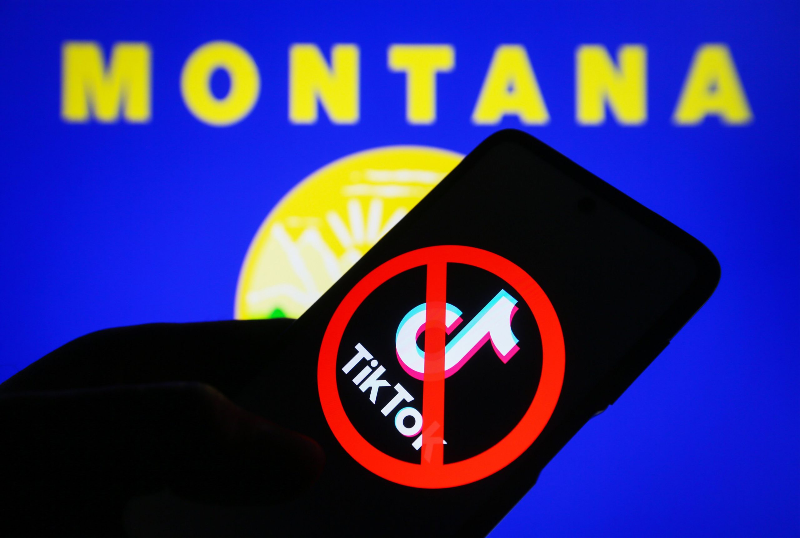 A crossed-out TikTok logo is seen on a smartphone and flag of the state of Montana on a pc screen.