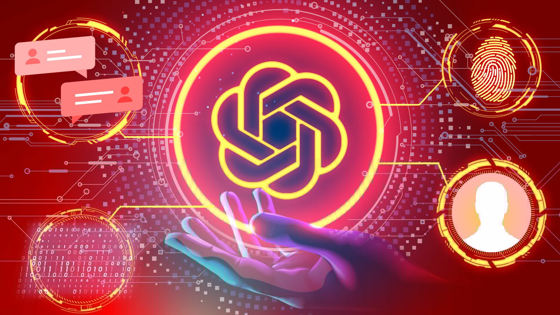 Illustration of a hand holding the OpenAI logo surrounded by visualizations of data shared online