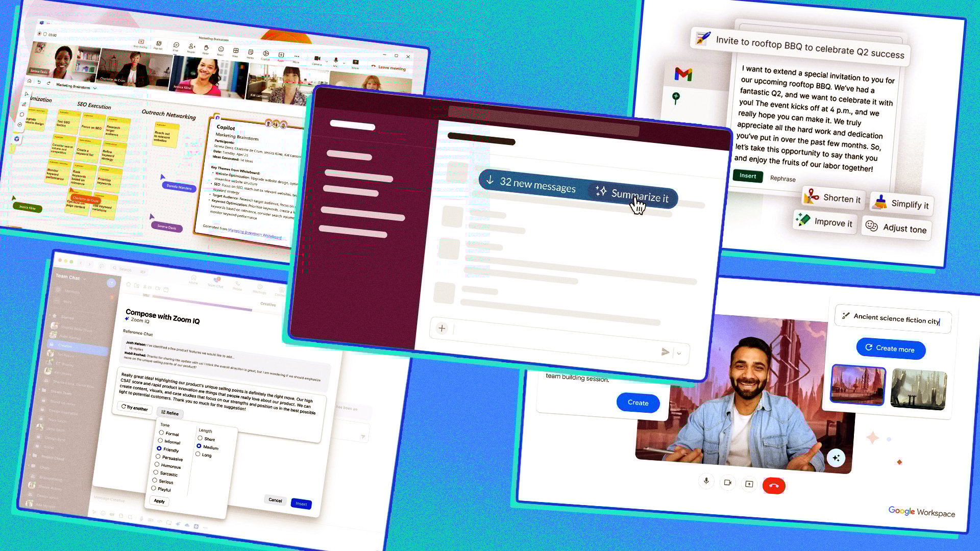 A collage of AI software screenshots
