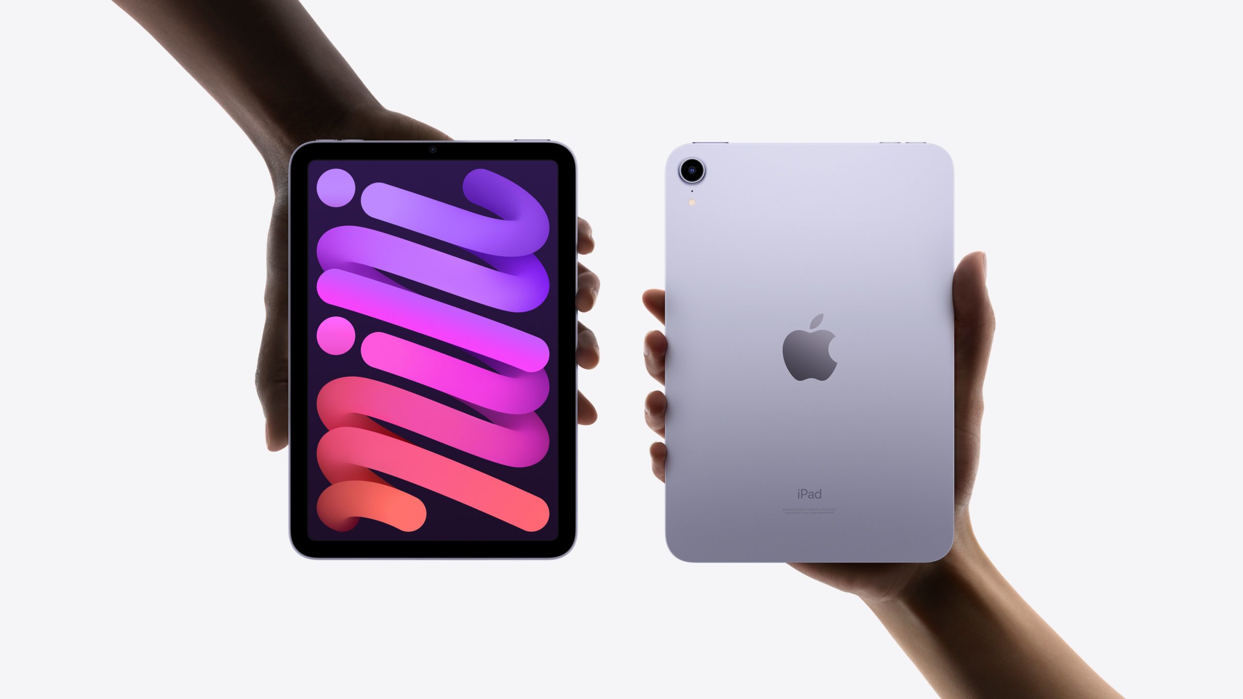 Two hands holding iPad Mini tablets, showing the front and back of the device