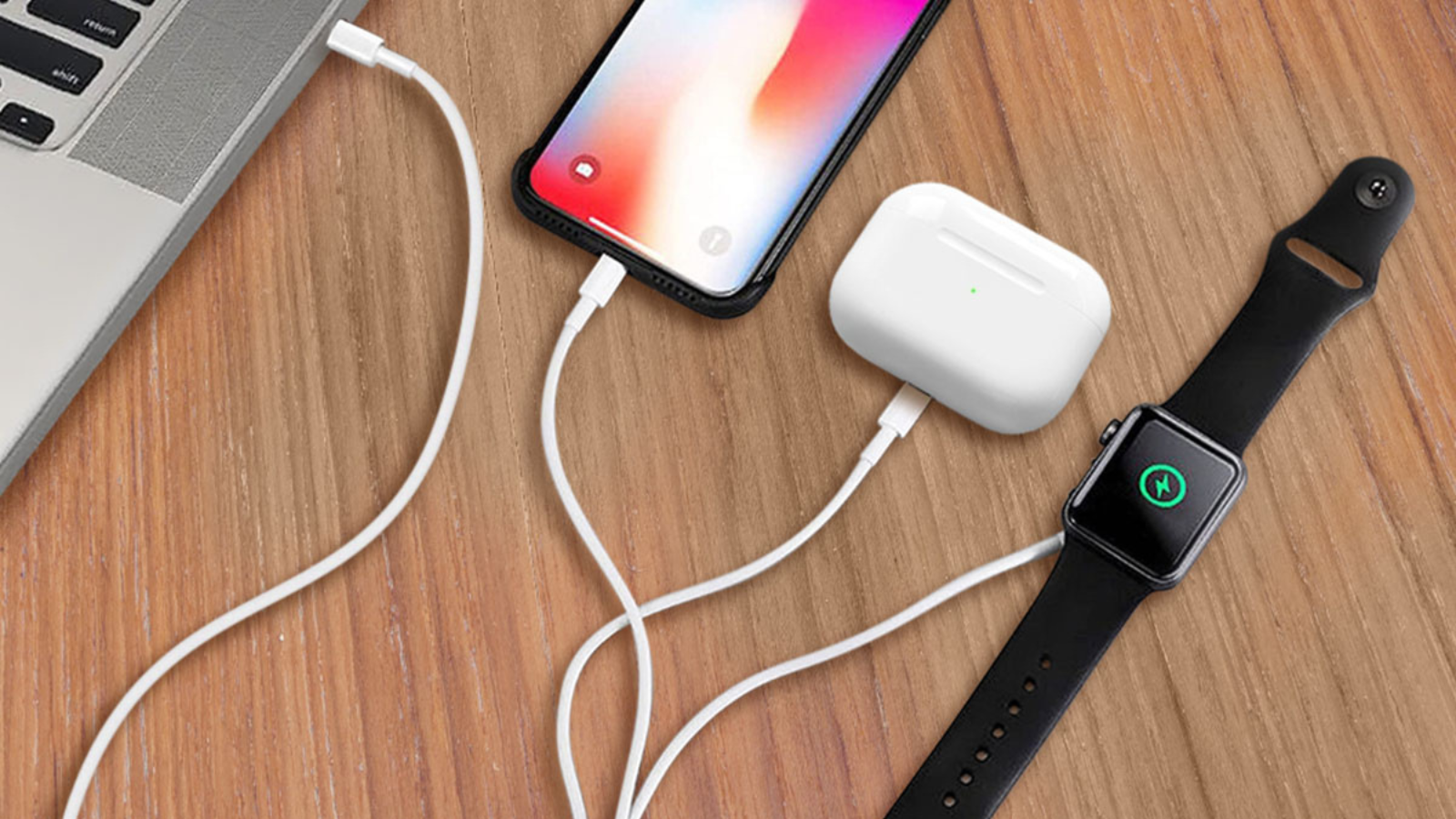 iphone, airpods, and apple watch charging with 3-in-1 cable