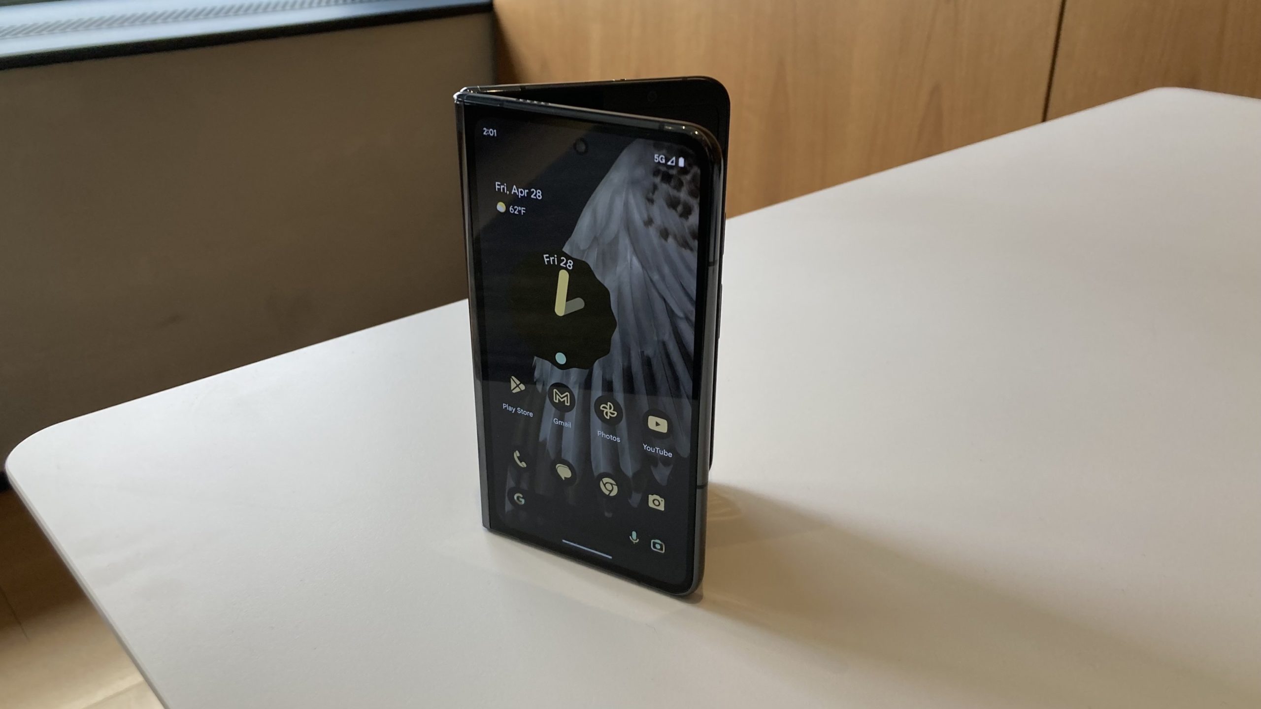 Google Pixel Fold standing upright on table