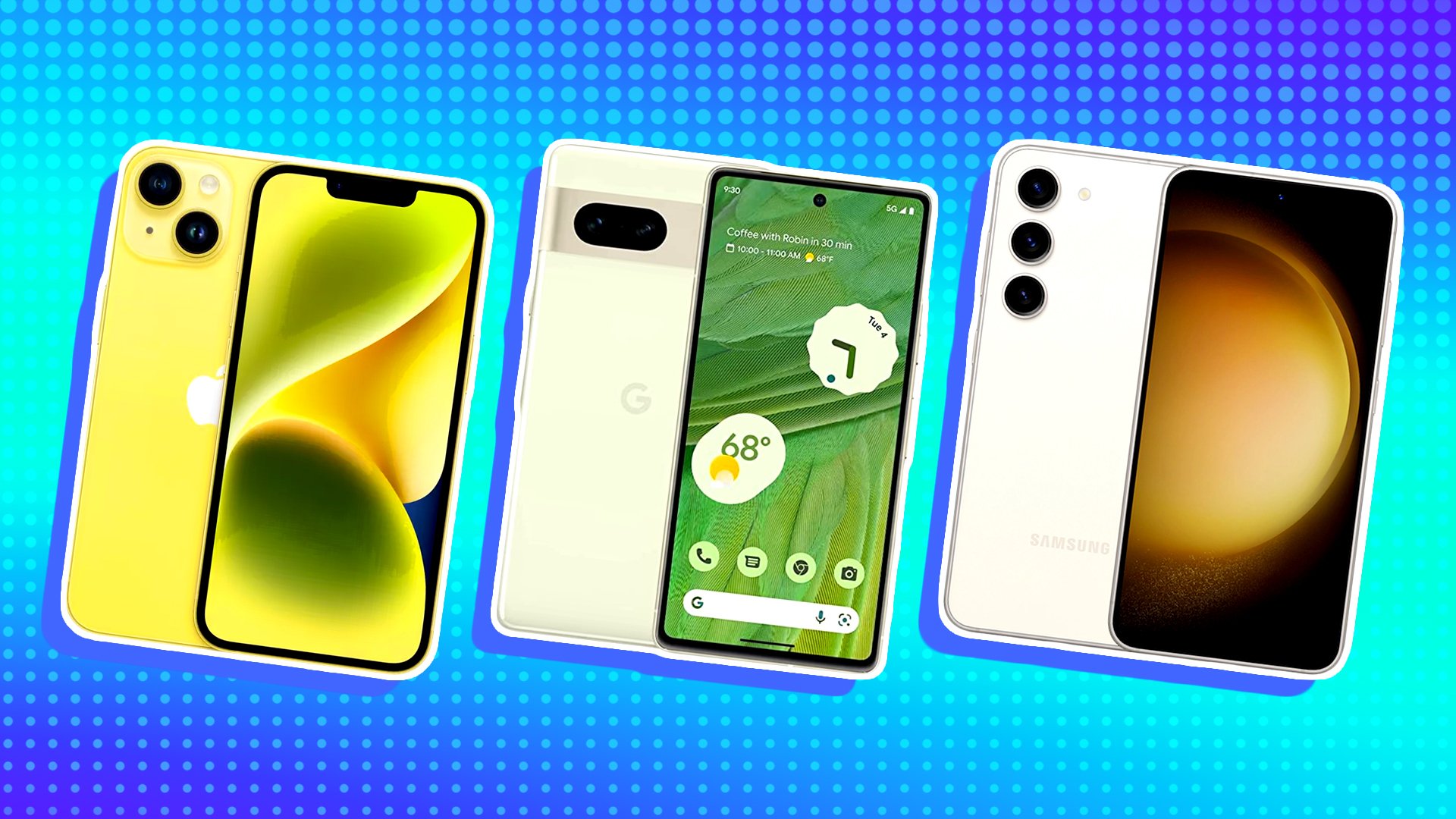 Three cell phones lined up together.