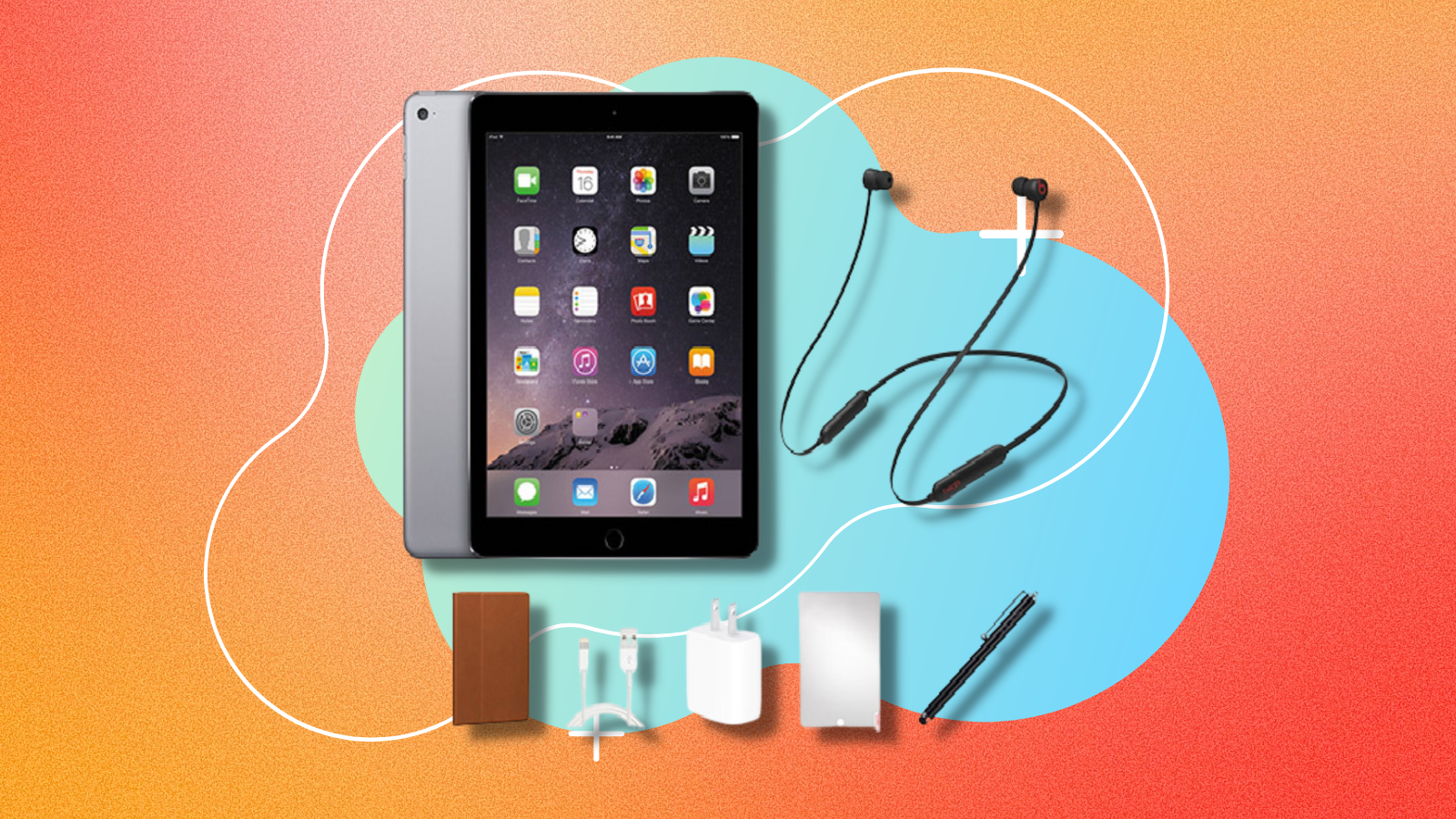 refurbished ipad, beats flex headphones, and other accessories with colorful background
