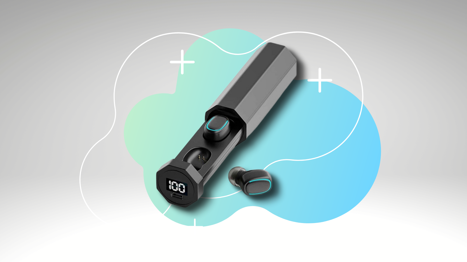 bluetooth earbuds in slim case with blue and gray background