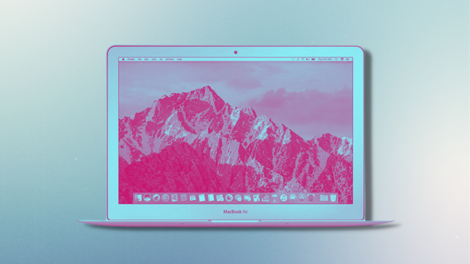 refurbished macbook air with blue and pink tint and blue background