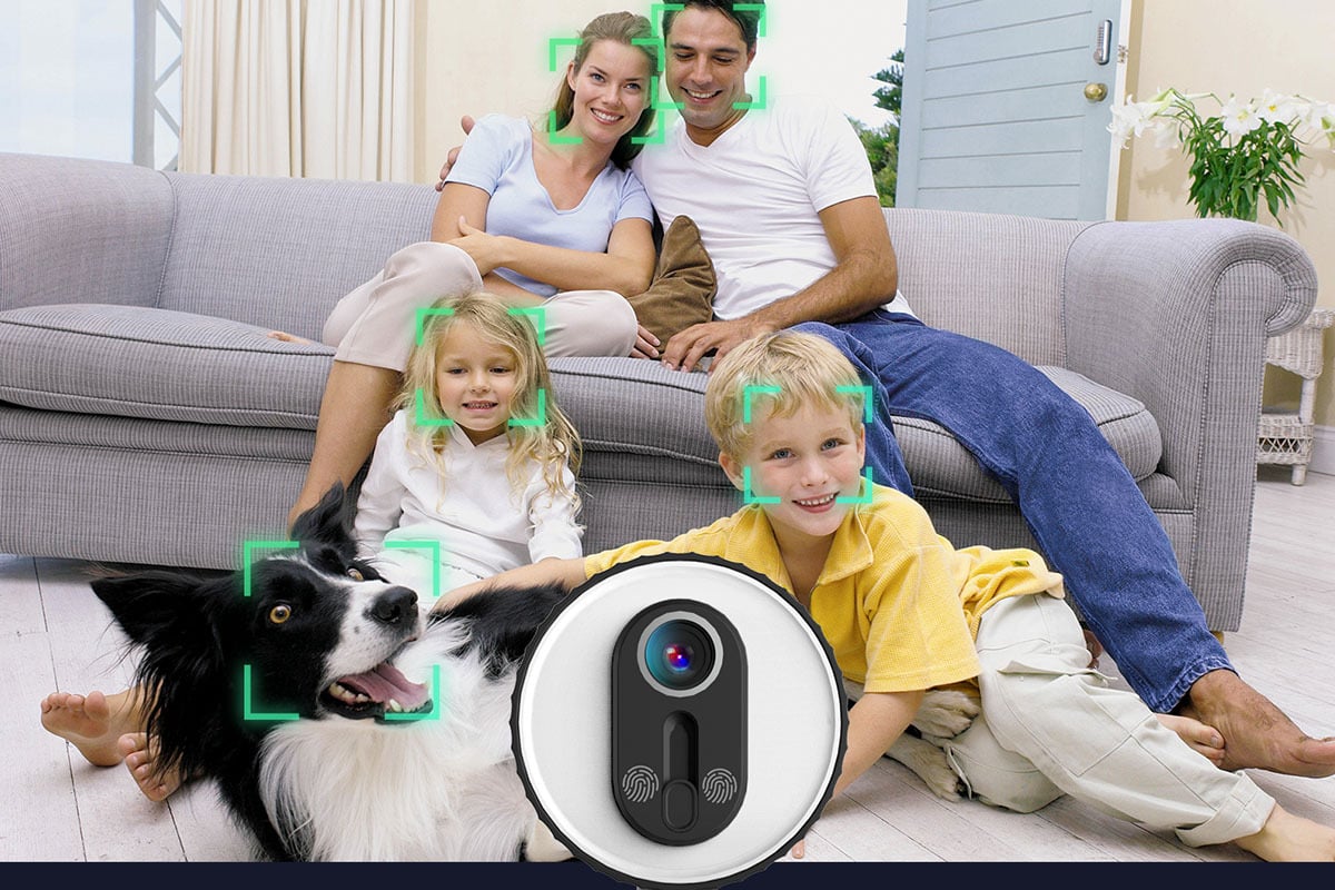 family and dog are sitting in front of the web cam in their living room