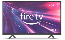 Flatscreen 32-inch smart TV against white background with purple image on the screen