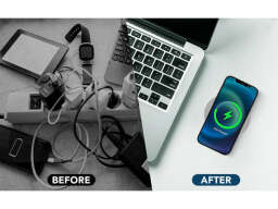 before picture with a tangle of many charging cables charging different devices; an after picture on the right showing the wireless charger charging up an iphone