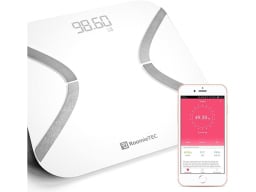 smart scale with a screenshot of free app on cellphone against a white background