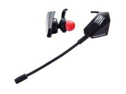 black and red earbuds against a white background