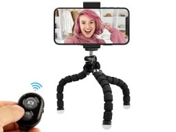 Woman displayed on an iPhone in the tripod with remote
