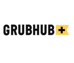 GrubHub+ logo, black text against white, plus sign in black against yellow block