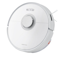 white robot vacuum against white background