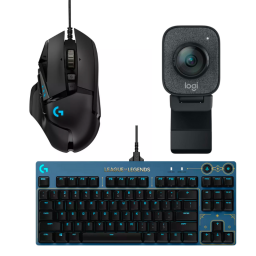 Logitech mouse, webcam, and keyboard on white background