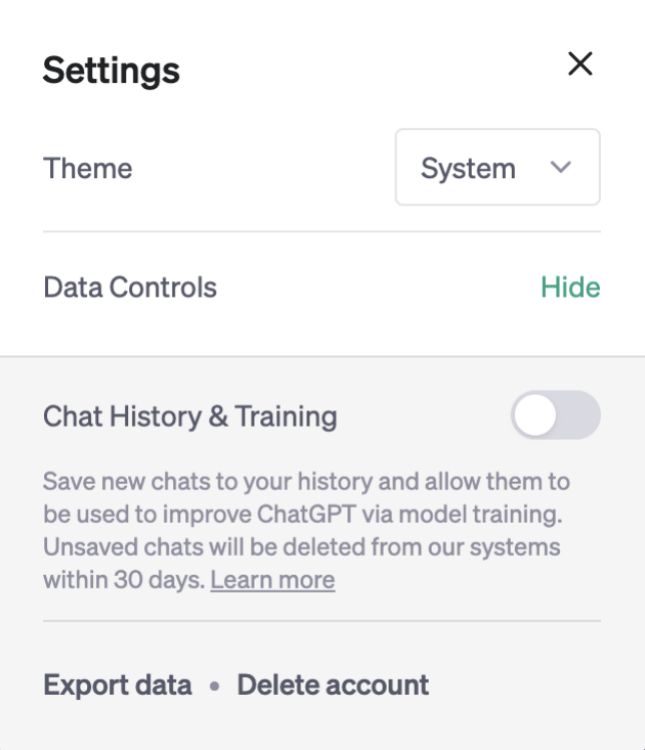ChatGPT settings page showing a Chat History & Training toggle