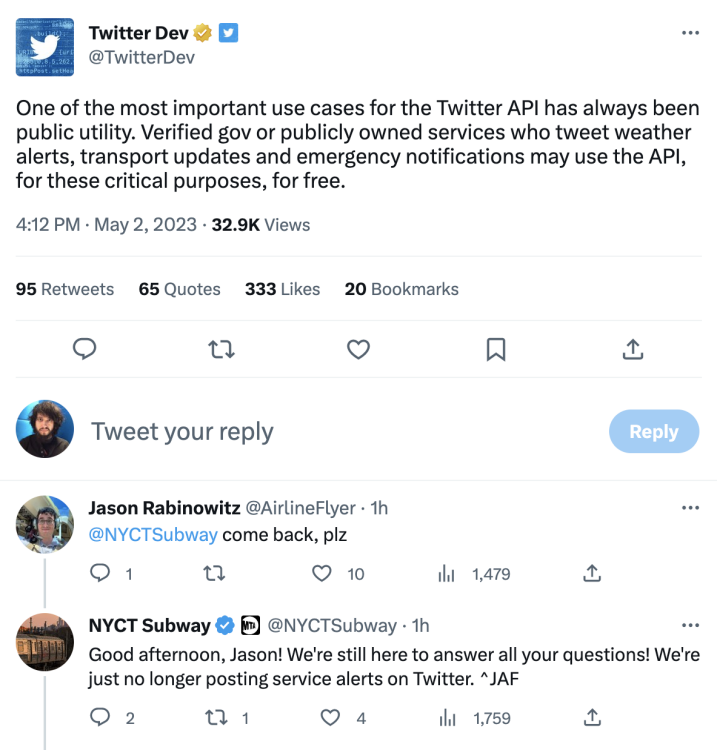 A reply by a New York City transit account