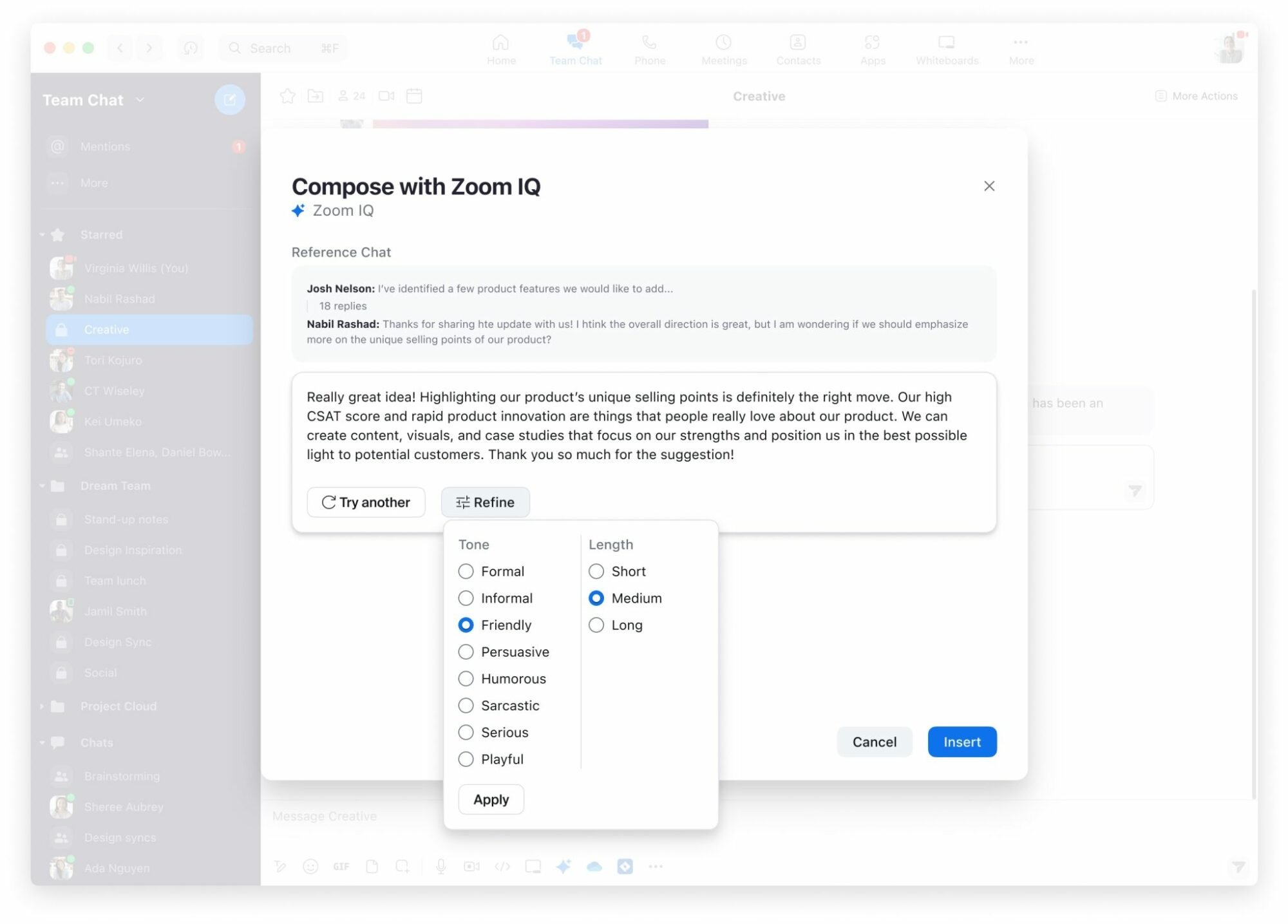 Zoom IQ composing a contextualized response to a Zoom chat conversation