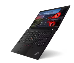 Lenovo thinkpad with two red fireballs on right side of the screen