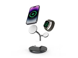 omnia m3+ charging station with phone and apple watch