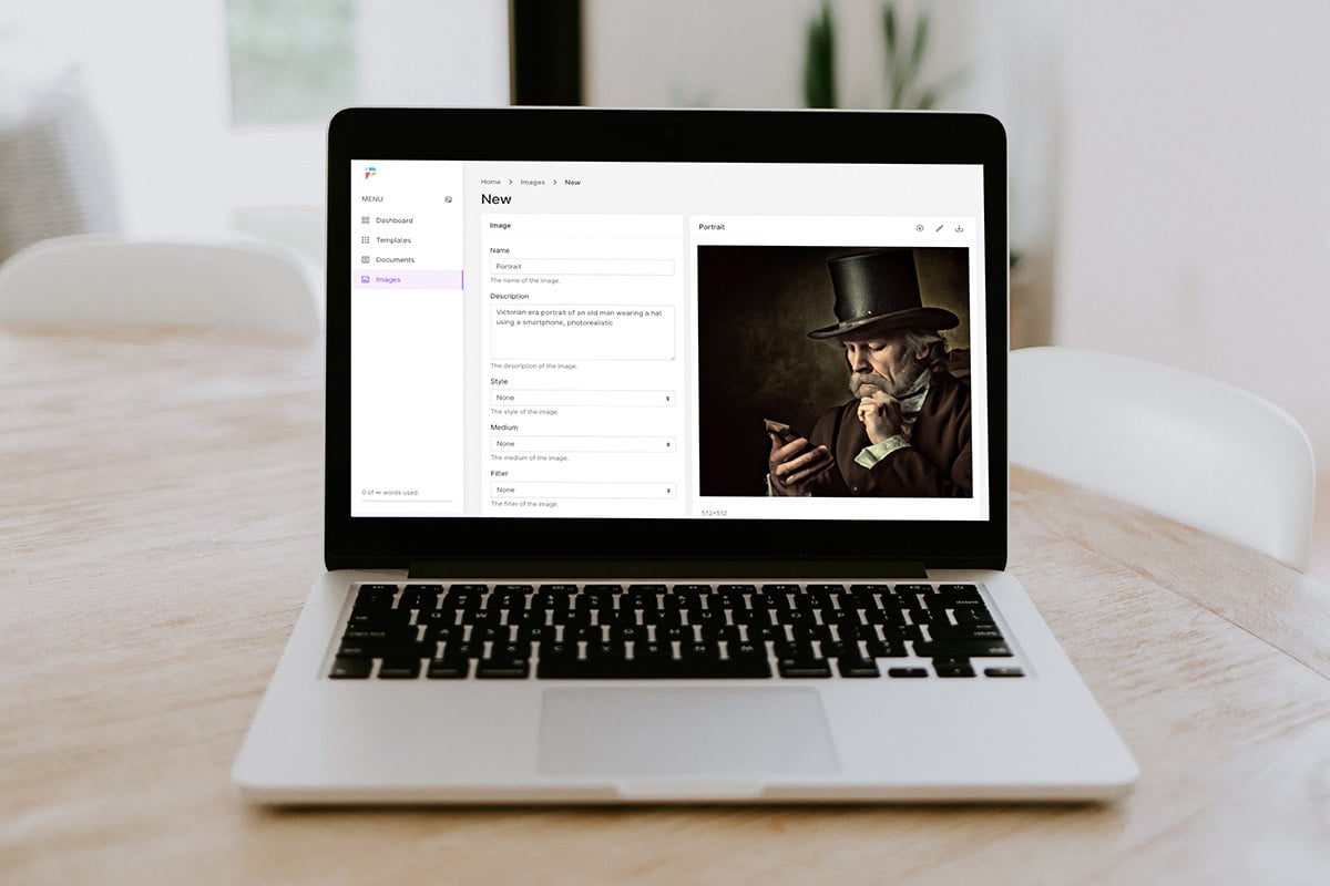 Computer open to a screen depicting a man in a top hat.