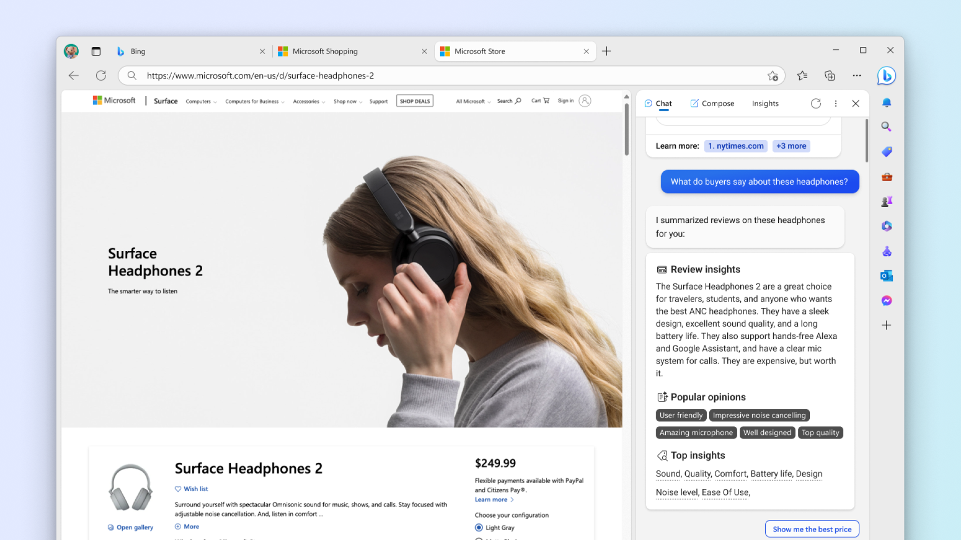 Bing chat on the sidebar of page selling headphones showing user reviews about that product.