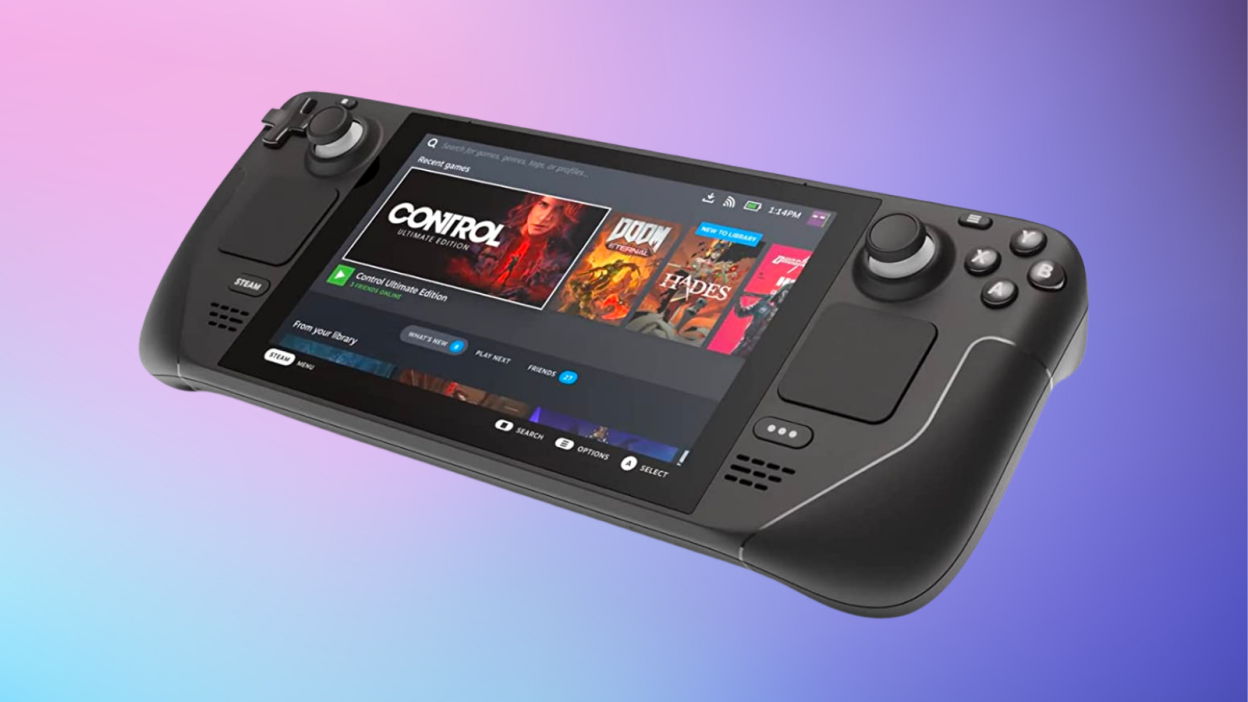 The Valve Steam Deck overlaid on a colorful, gradient background.