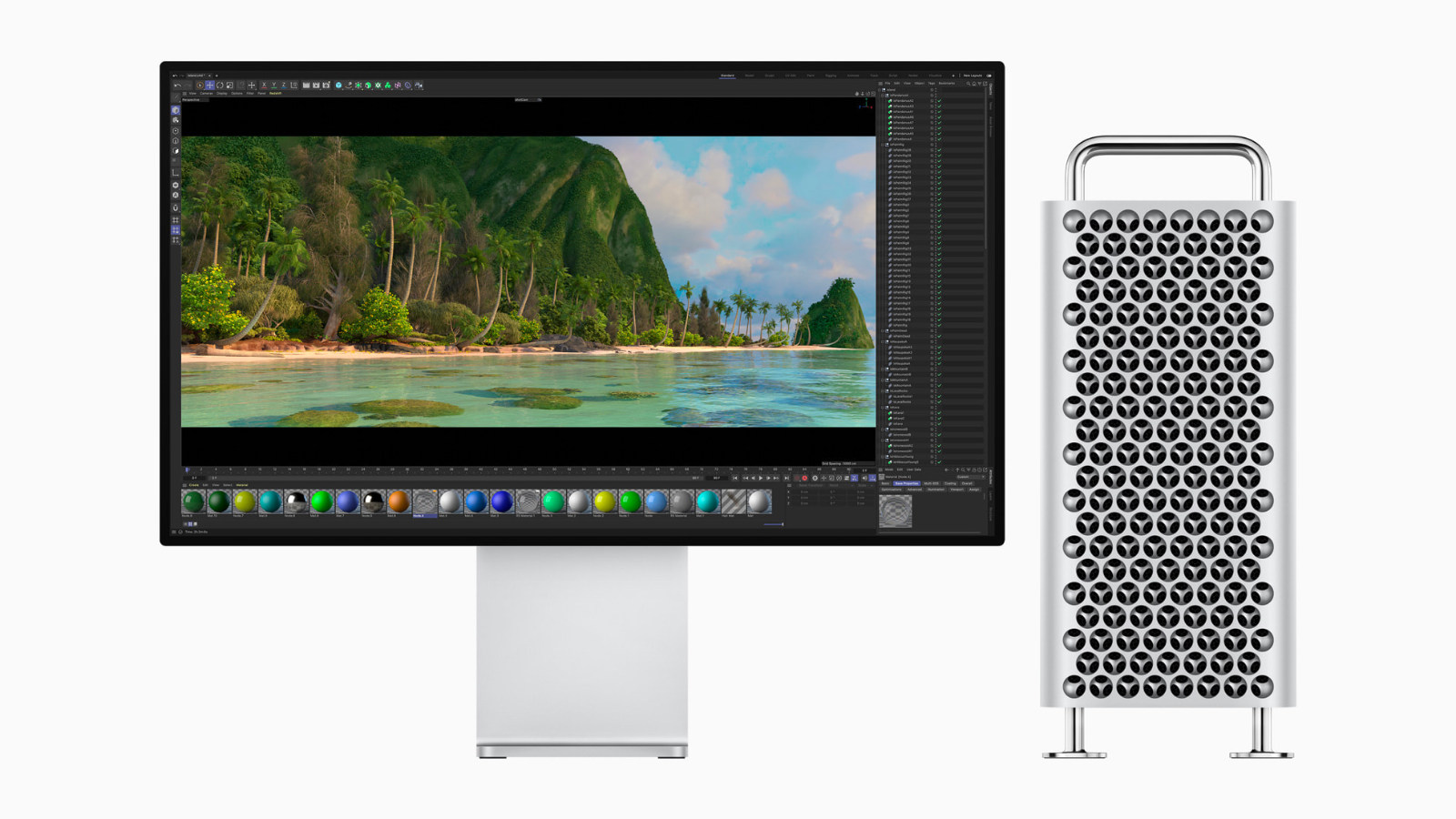 the 2023 apple mac pro with a tower closure next to an apple display