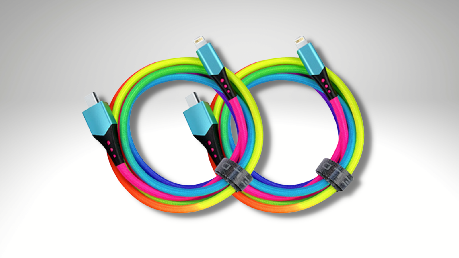 rainbow charging cable with grey gradient background