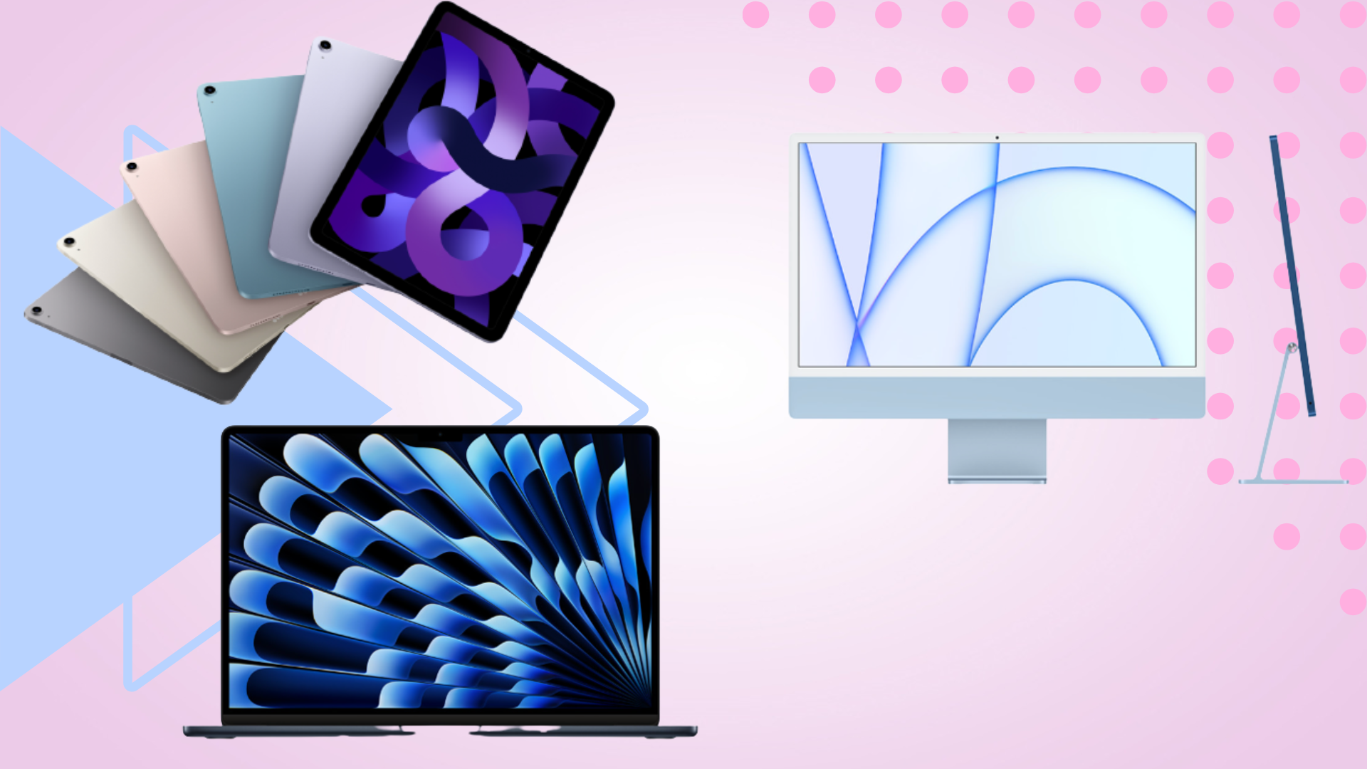 Left: iPads in a deck pile (top), mac with front and side profile (bottom), Right: Macbook Pro