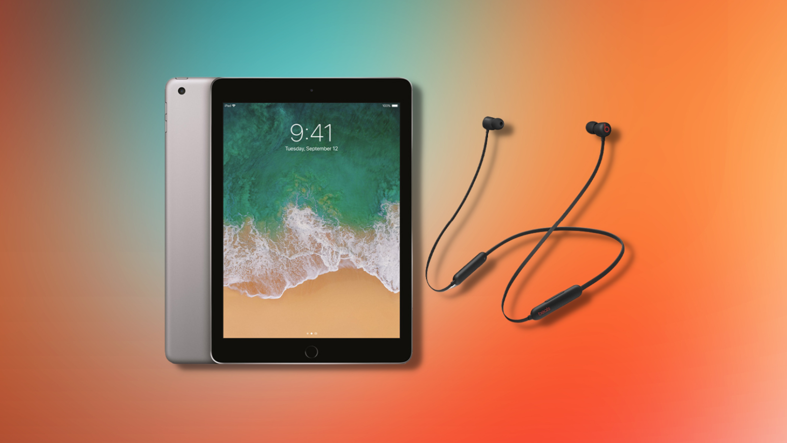 refurbished ipad and beats headphones on an orange and teal gradient background
