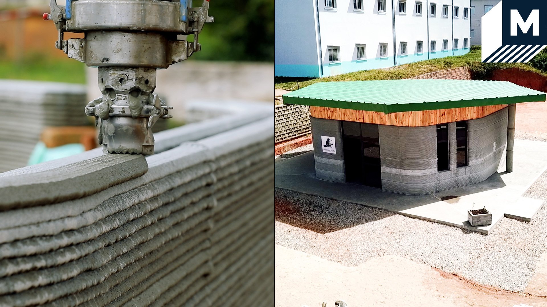 A side by side of a 3d printer printing a school in madagascar and the finished school after construction
